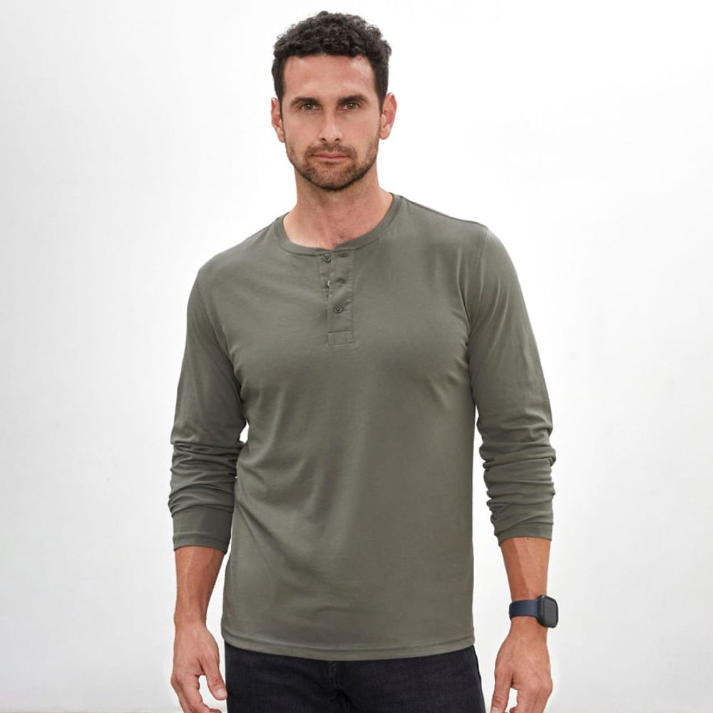 Polo Verde Oliva Henley Manga Larga para Hombre Drop the Label Algodón Pima talla L Polo Verde Oliva Henley Manga Larga para Hombre Drop the Label Algodón Pima talla L