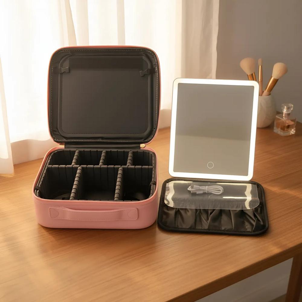 Neceser de Maquillaje con Espejo Led Extraible Rosado