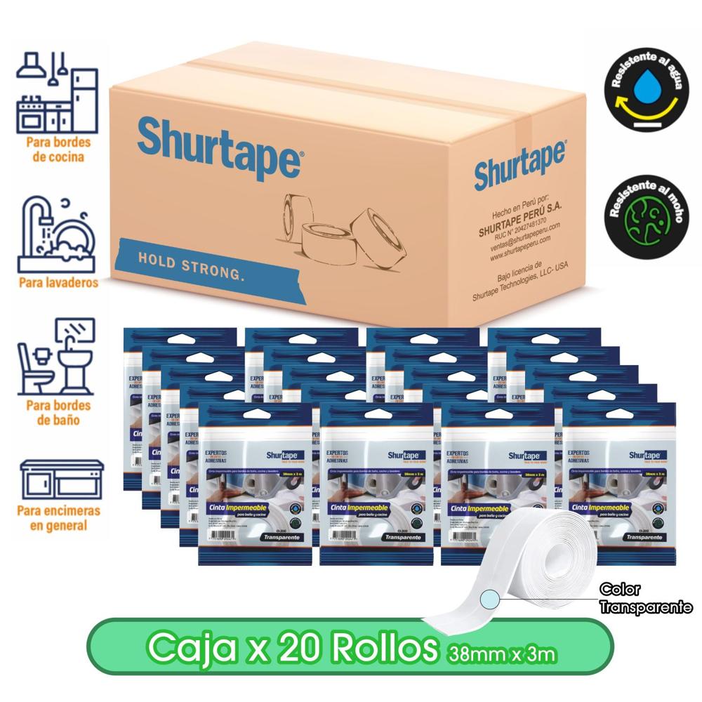 Cinta Impermeable Transparente para baño y cocina 38mm x 3m - Caja x 20