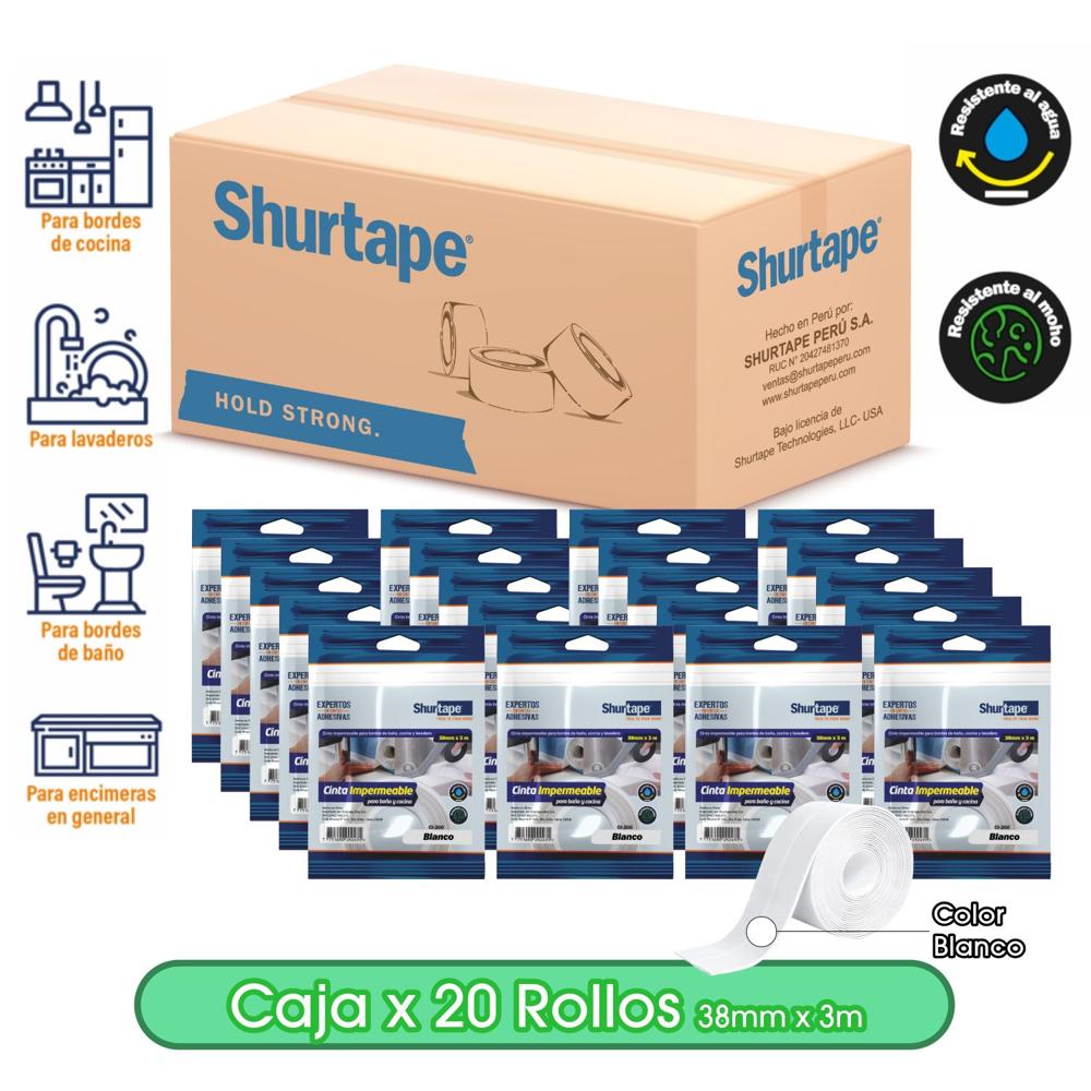 Cinta Impermeable Blanco para baño y cocina 38mm x 3m - Caja x 20