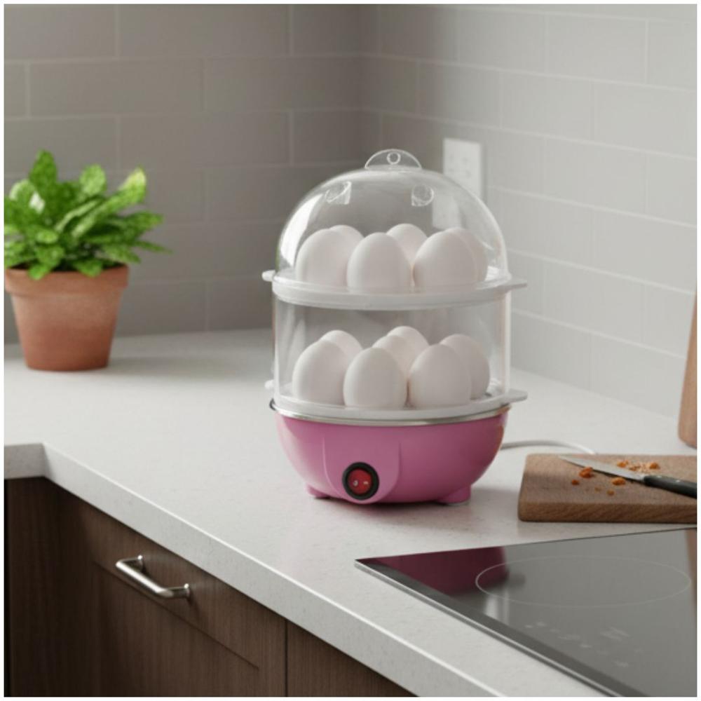 Hervidor Eléctrico de Huevos al Vapor 2 Niveles Para 14 Huevos Rosado