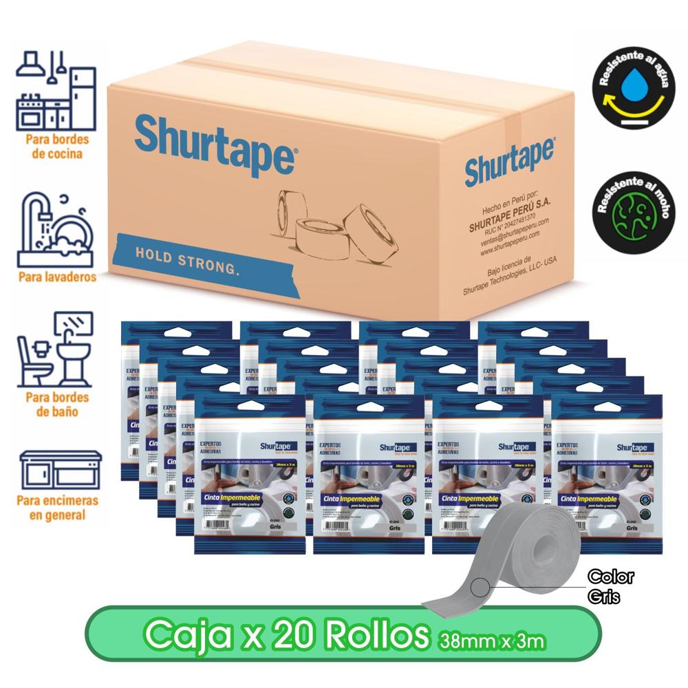Cinta Impermeable Gris para baño y cocina 38mm x 3m - Caja x 20