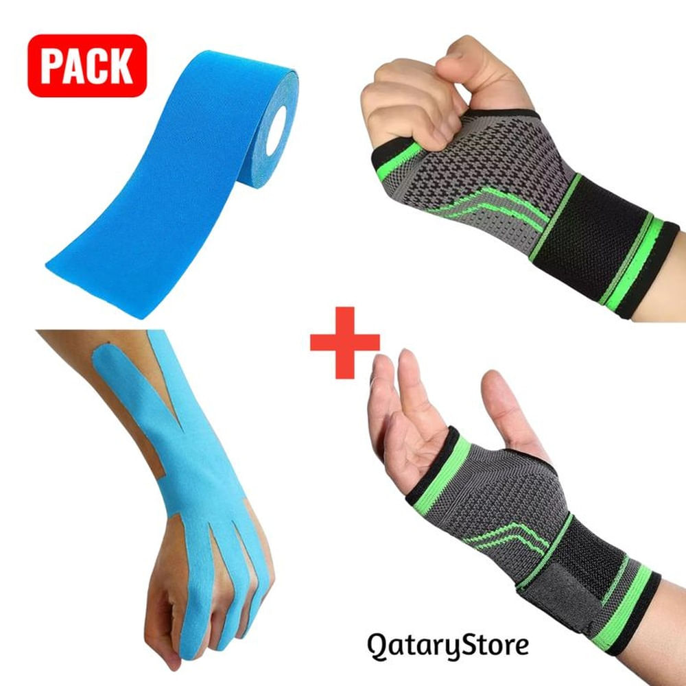 Pack Muñequera Ajustable y Cinta Kinesiologica 5cmx5m FisioTerapia