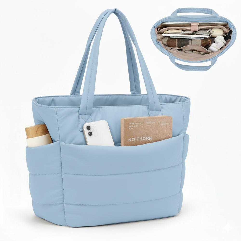 BOLSO PUFFER - TIPO TOTE BAG PARA DAMA PORTALAPTOP - Celeste Claro - Talla única