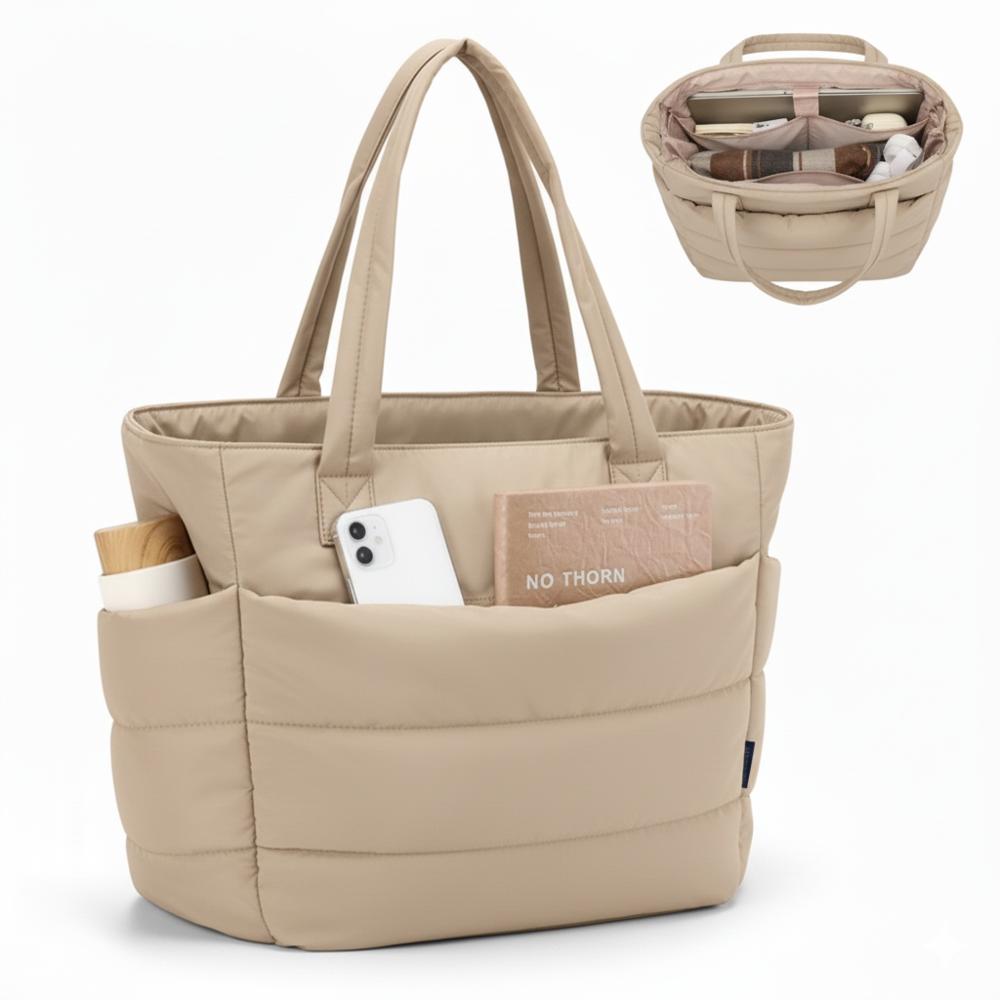 BOLSO PUFFER - TIPO TOTE BAG PARA DAMA PORTALAPTOP - Beige -Talla única
