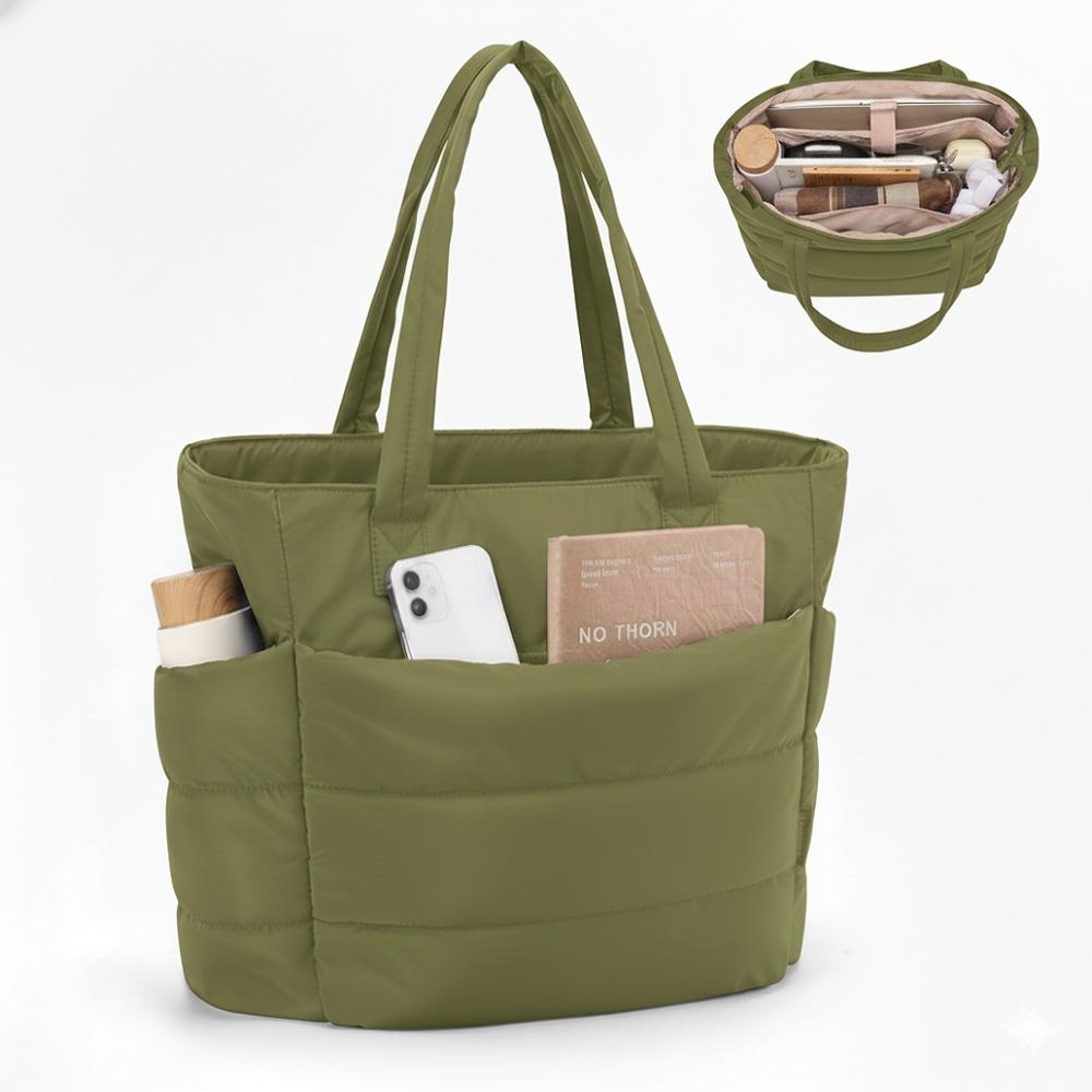 BOLSO PUFFER - TIPO TOTE BAG PARA DAMA PORTALAPTOP - Verde Cemento - Talla única