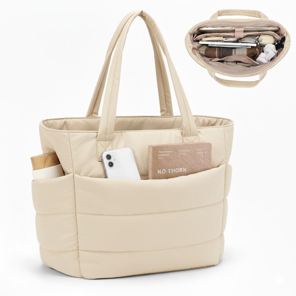 BOLSO PUFFER - TIPO TOTE BAG PARA DAMA PORTALAPTOP - Crema - Talla única