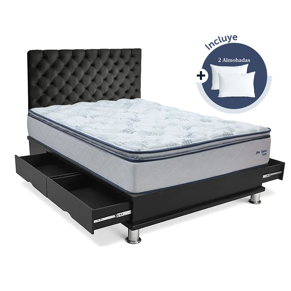 Dormitorio Capitone New Ozono Queen + 2 Almohadas Viscoelástica + Protector Gris