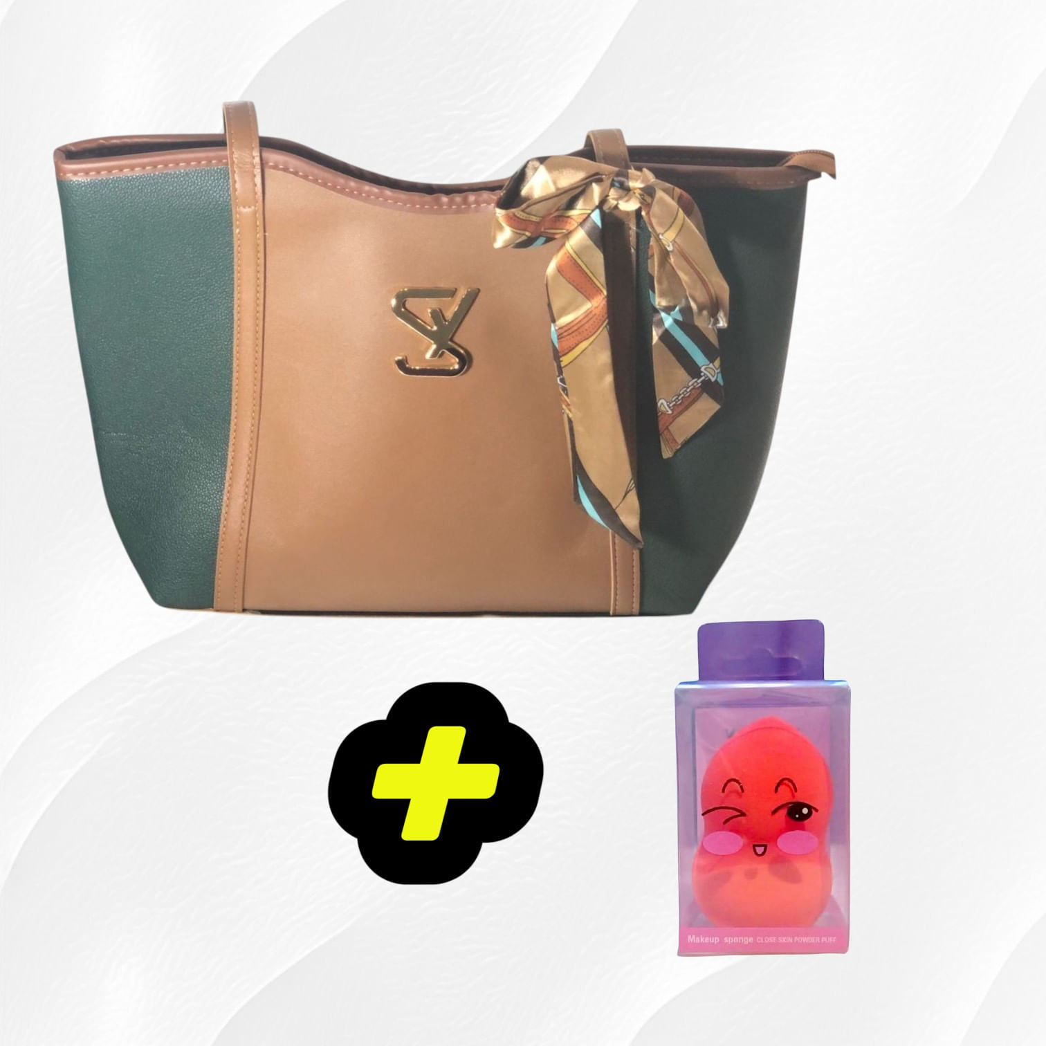 CARTERA DE HOMBRO VERDE CON MARRON Y CINTA DE REGALO 01 ESPONJA BLENDER