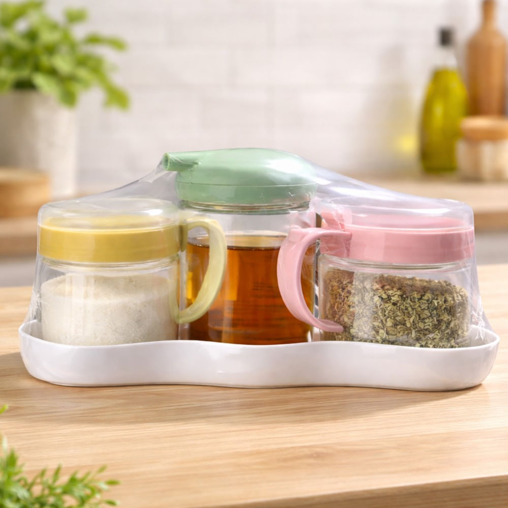 Set de Frascos Condimenteros con Base y Dispensador Antigoteo 3 Piezas Cocina Moderna