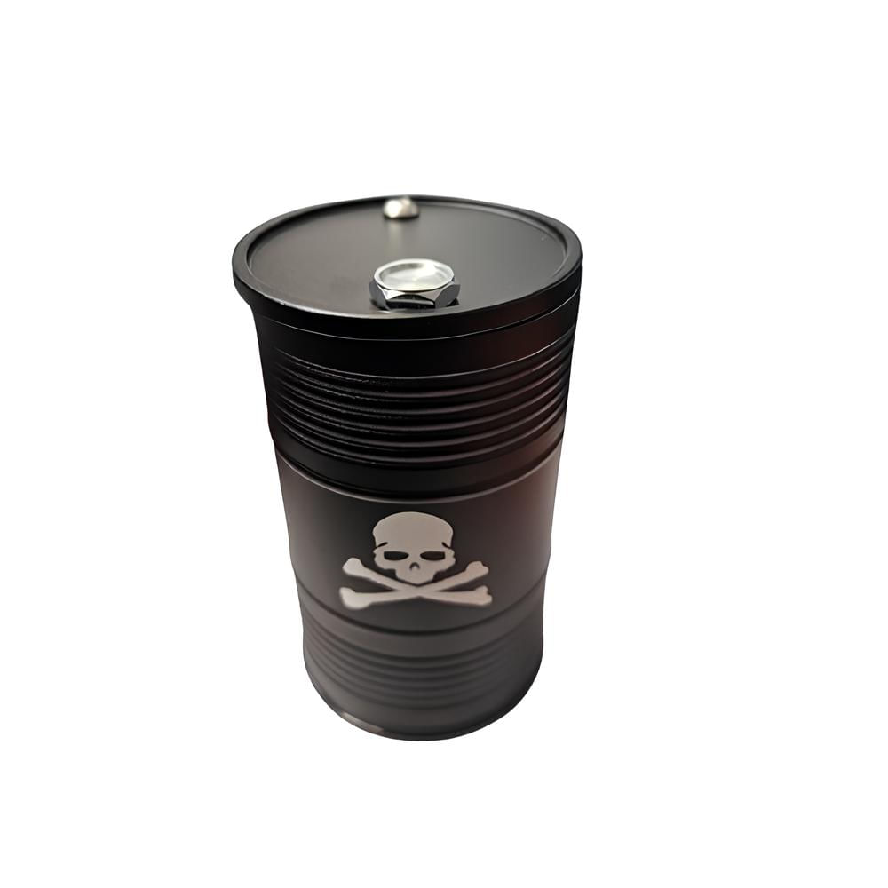 Cenicero Metálico Tipo Barril con Tapa Giratoria Diseño Calavera Negro