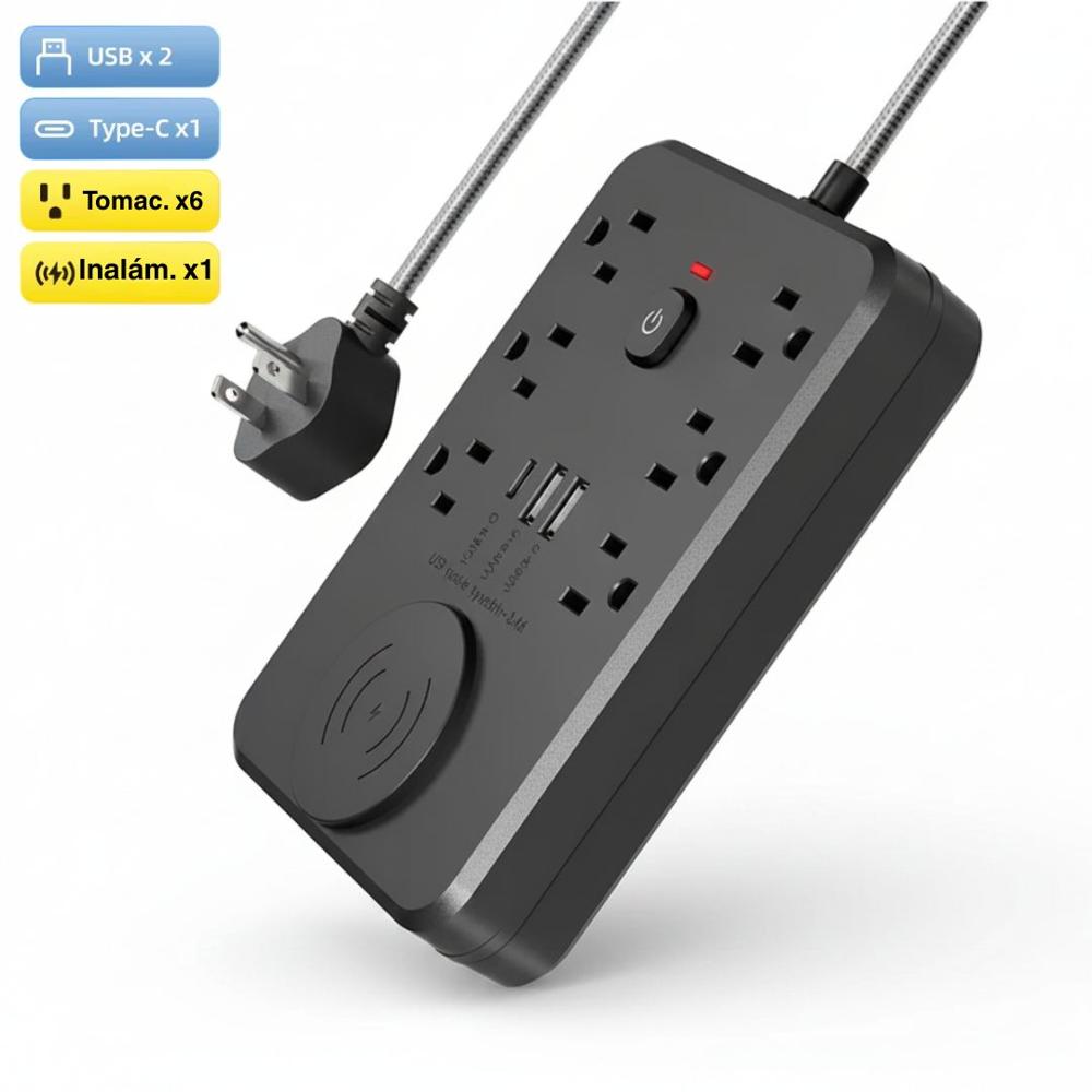 Cargador Inalámbrico 2500W Multipuerto 10 en 1 Extensión Wireless USB con Tipo C