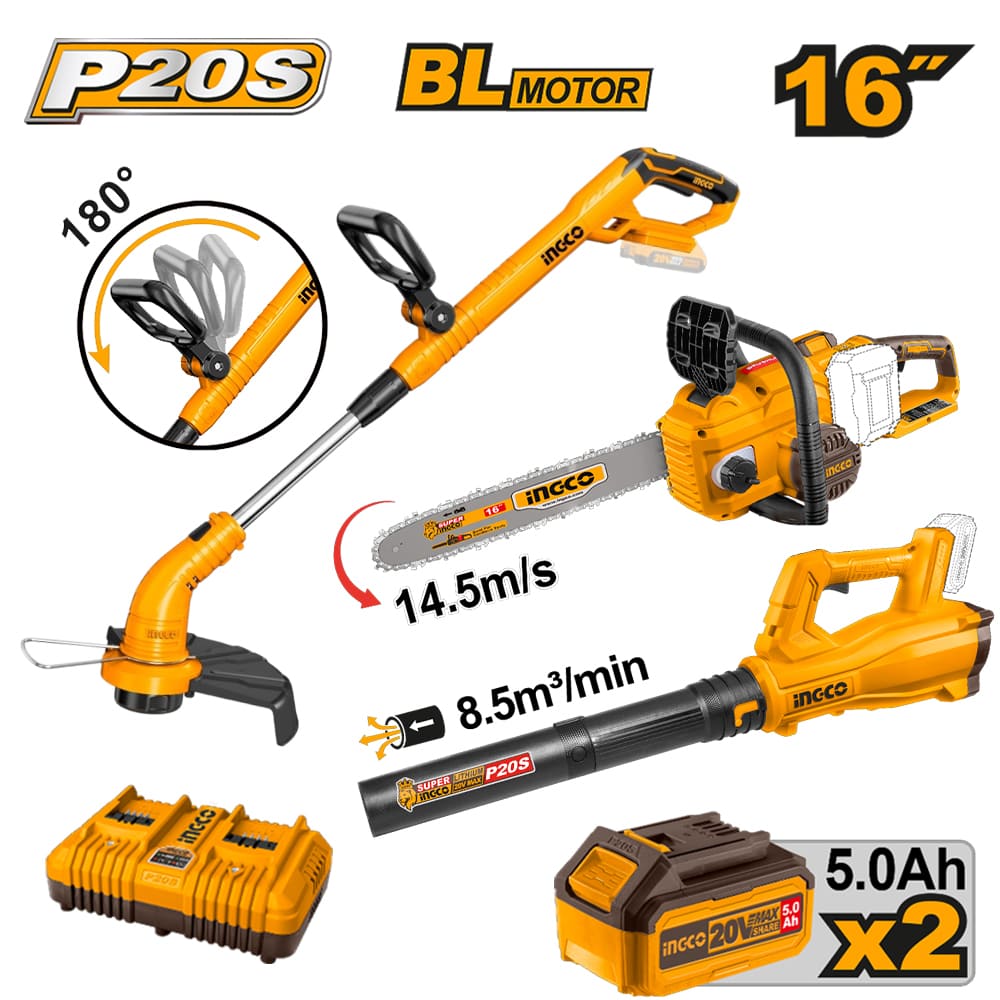 Combo Motosierra Ingco 20V con Soplador 20V COSLI240463 y cortador de Césped CGTLI20018