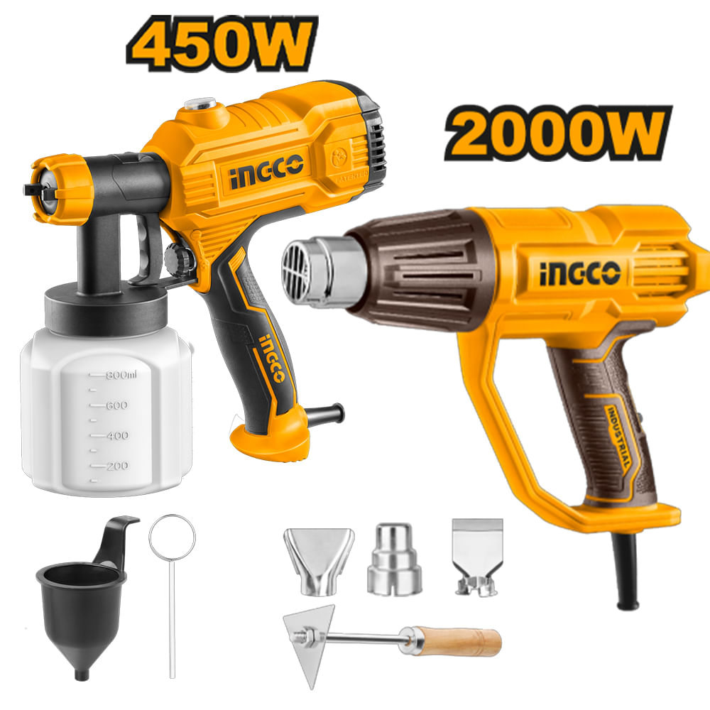 Combo Pistola para Pintar Ingco 450W SPG3508 con Pistola de Calor Ingco 2000W HG200078