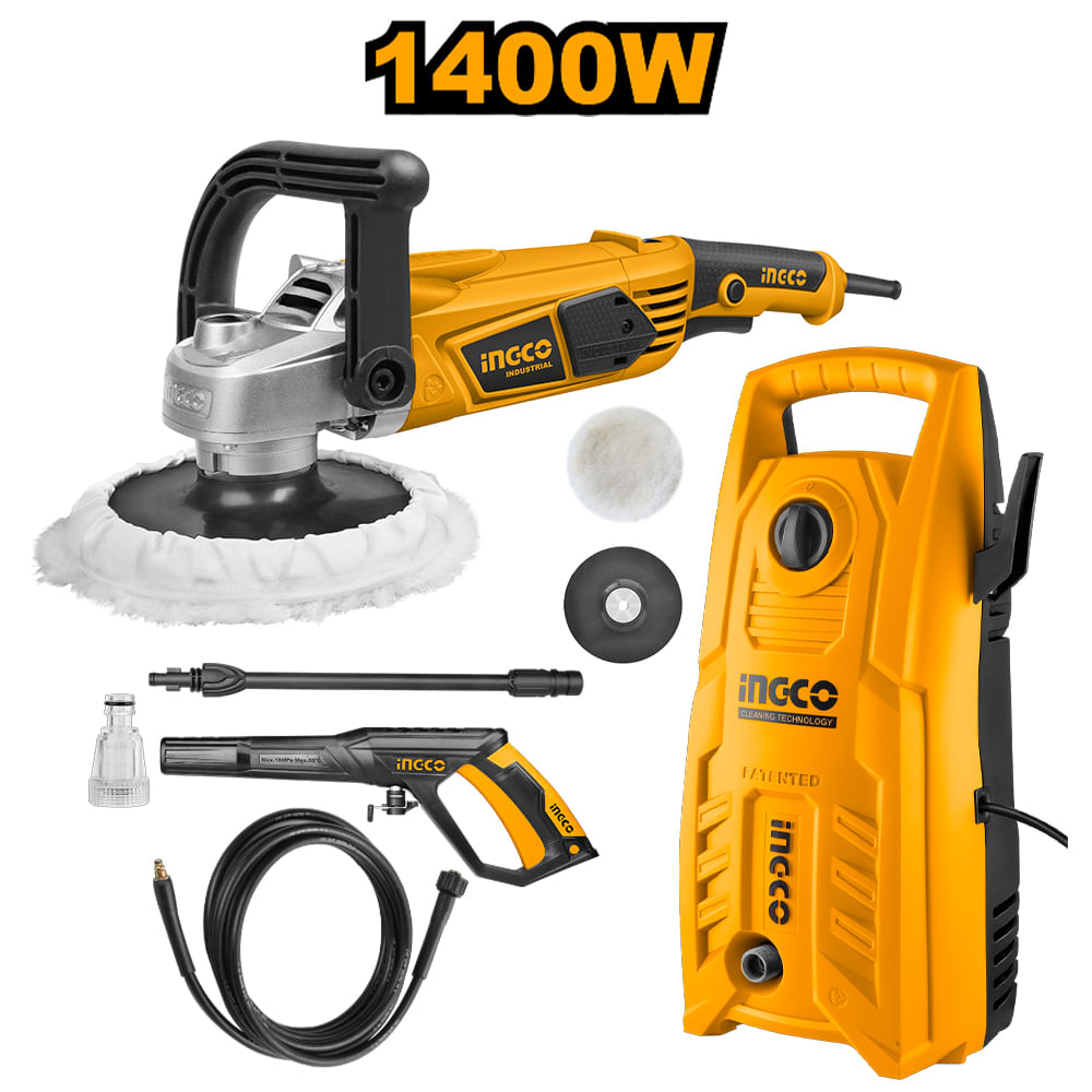 Combo Pulidora Ingco 1400W AP140016 con Hidrolavadora Ingco 1400W 130 BAR HPWR14008