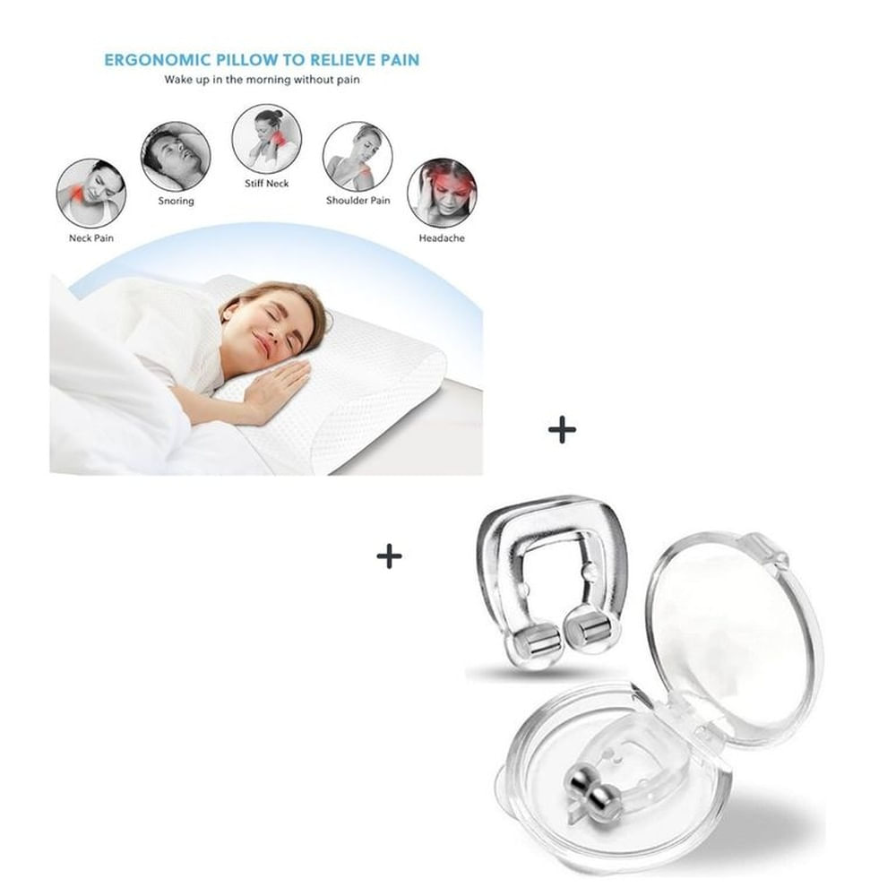 PACK ALMOHADA VISCOELÁSTICA ORTOPÉDICA SIN GEL + CLIP ANTIRONQUIDOS 4 PIEZAS