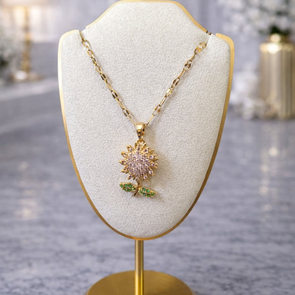 Collar Girasol Giratorio Dorado con Zircones