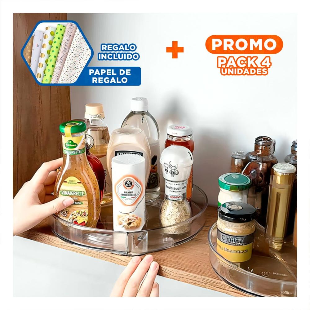 Pack4 Accesorio Giratorio Funcional 29x3.5cm para Cocina Transparente Y+Papel Regalo
