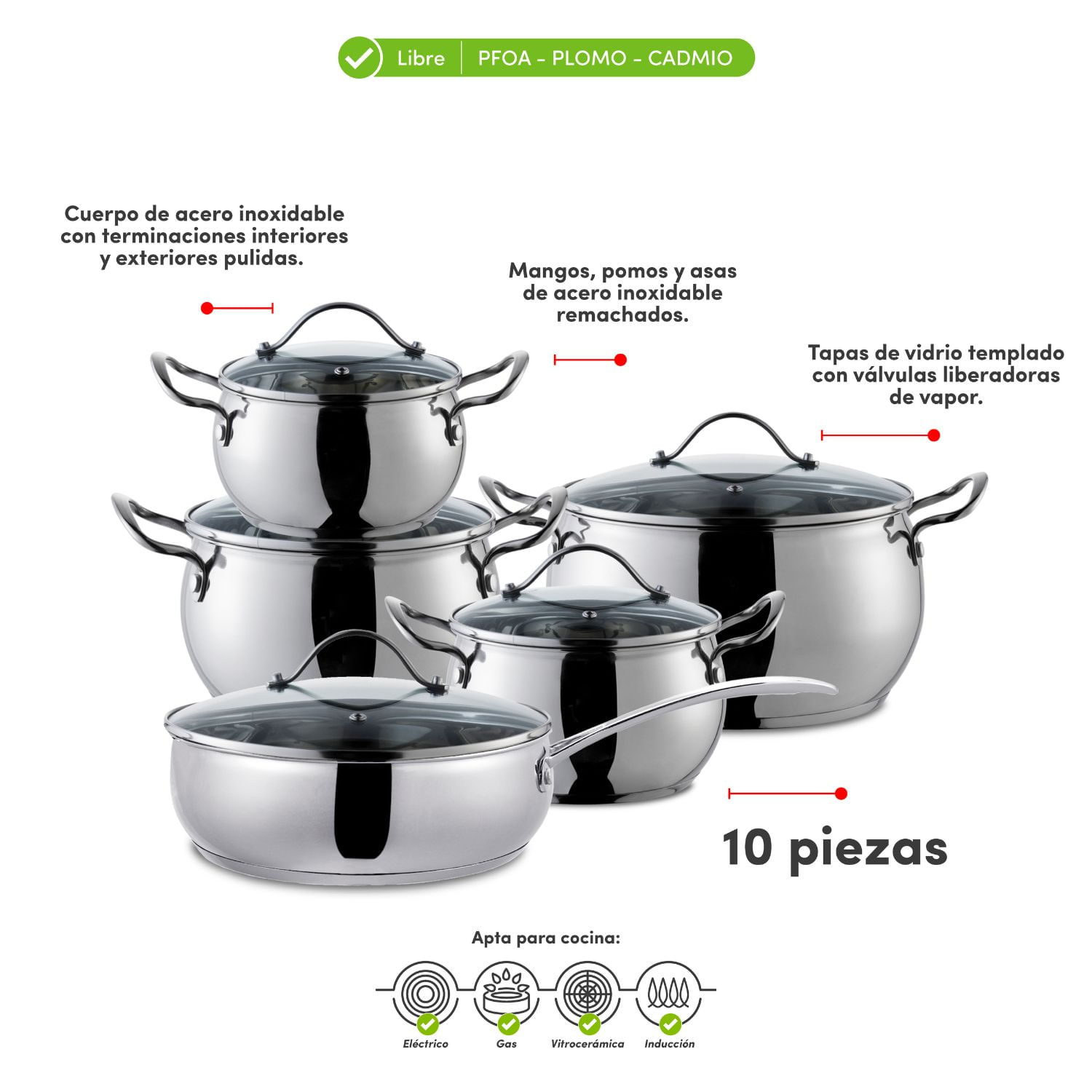 Juego de Ollas 10 Piezas Apple Design Acero Inoxidable