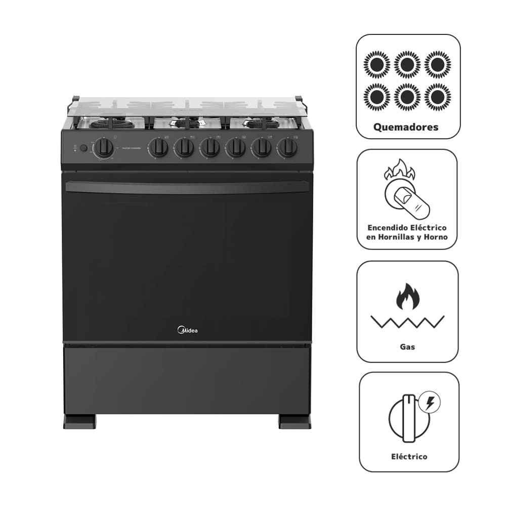 Cocina de Pie a Gas MIDEA 6 Quemadores Mastercook Plus MGS30TL6B Negro