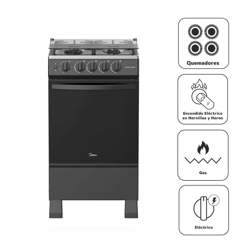 Cocina De Pie a Gas MIDEA 4 Quemadores MGS20FS2LFAMB-PE Negro