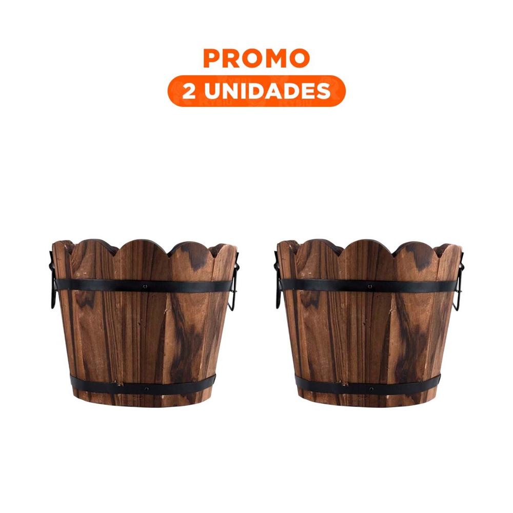 Pack2 Maceta Decorativa de Madera Tipo Barril con Borde Ondeado Marron