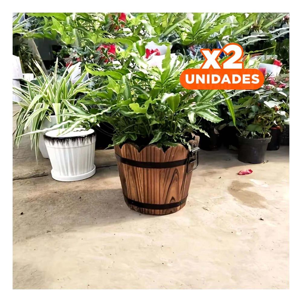 Pack2 Jardinera Decorativa de Madera Tipo Barril con Borde Ondeado Marron Y+Papel Regalo
