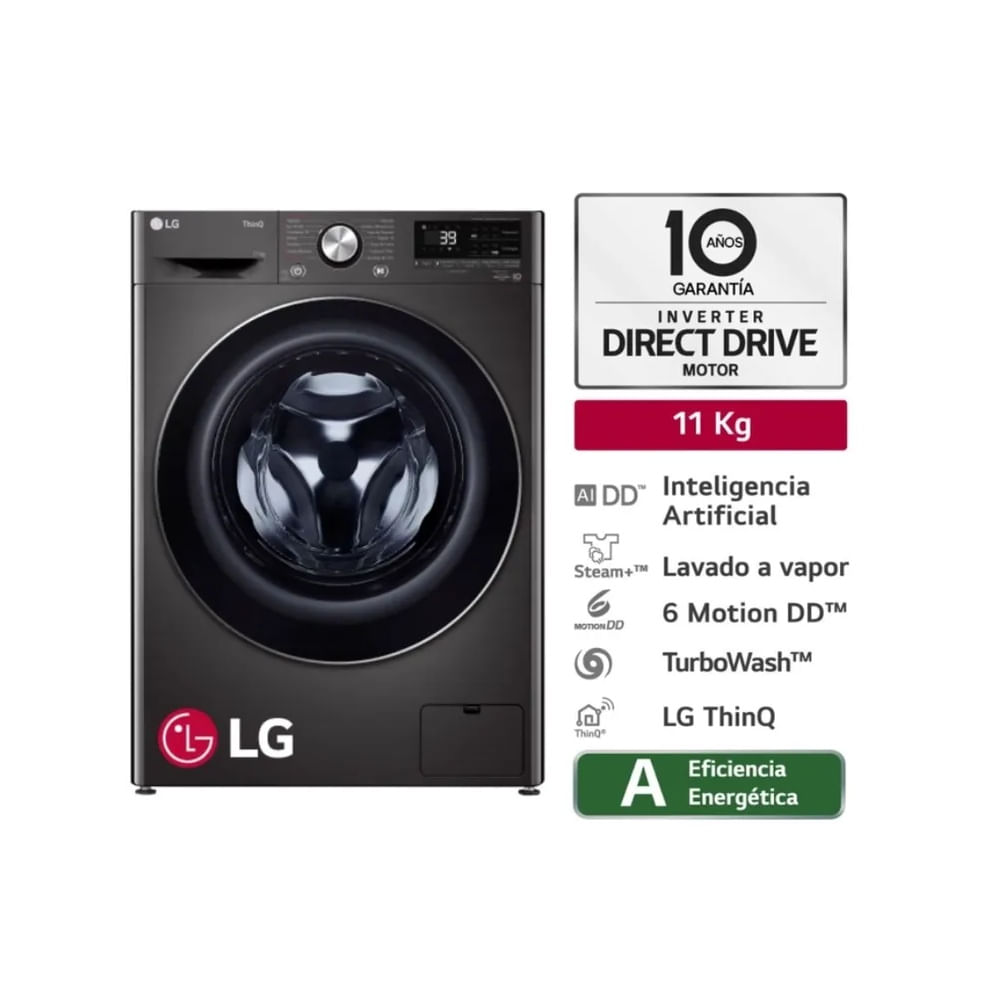 Lavadora De 11kg De Lavado Con Ai Dd Thinq Wm11bvc3s6 Color Acero Negro
