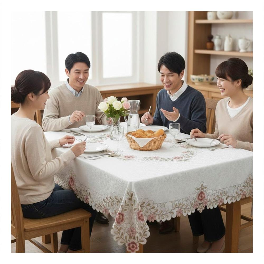 Protector de Mesa Borde Bordado Flores y Hojas Crema 350x180cm para Cocina Y+Post It