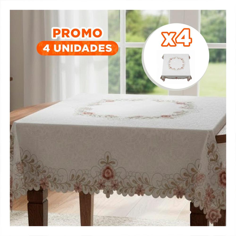 Pack4 Mantel Flores y Hojas Crema con Borde Bordado 350x180cm para Mesa