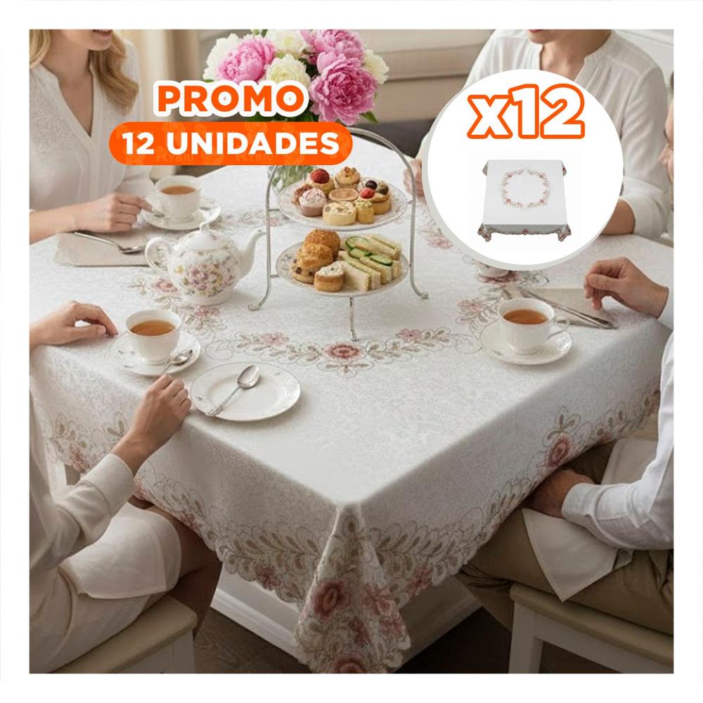 Pack12 Tapete de Mesa Crema Flores y Hojas Borde Bordado 350x180cm para Hogar Y+Papel Regalo