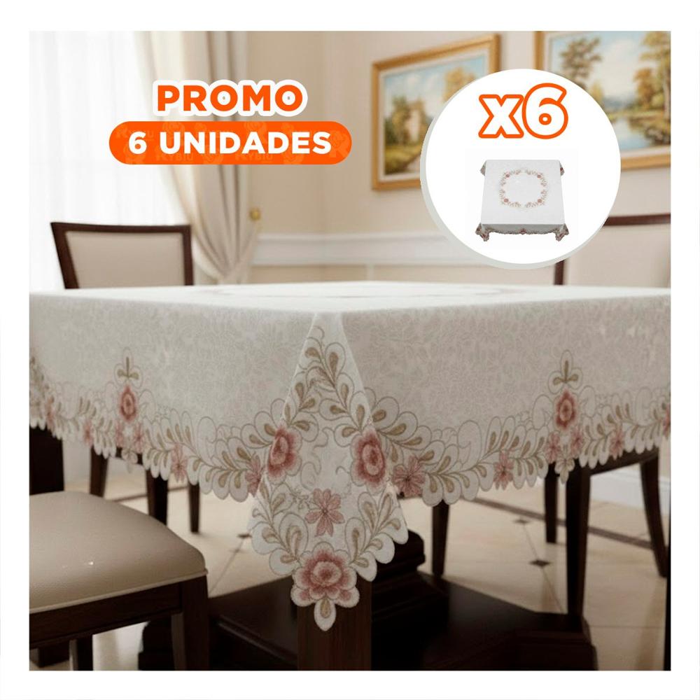 Pack6 Protector de Mesa Flores y Hojas Crema con Borde Bordado 350x180cm Y+Papel Regalo