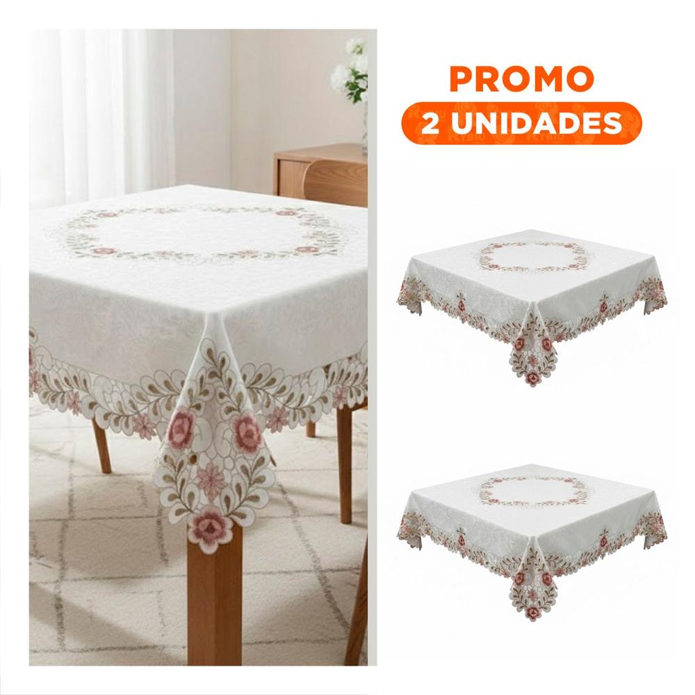 Pack2 Tapete de Mesa Borde Bordado Crema Flores y Hojas 350x180cm para Hogar