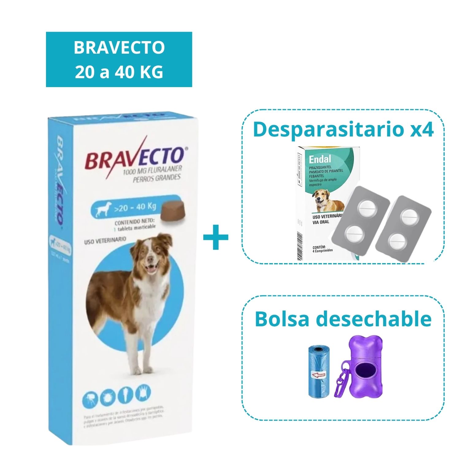 Antipulgas Bravecto para perros de 20 - 40 kg más Gratis Endal Y Bolsa desechable