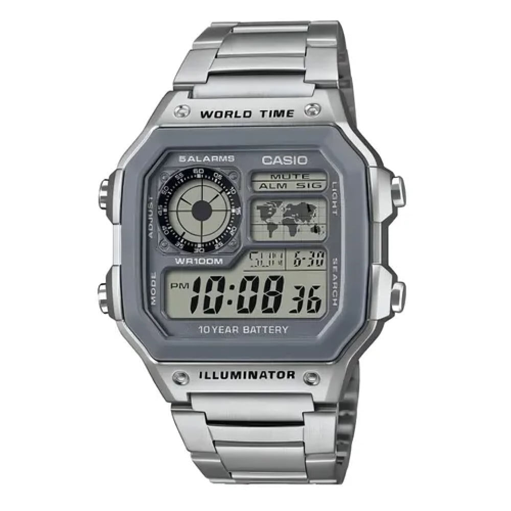 Reloj pulsera digital Casio Ae1200wh con correa de acero inoxidable color plateado