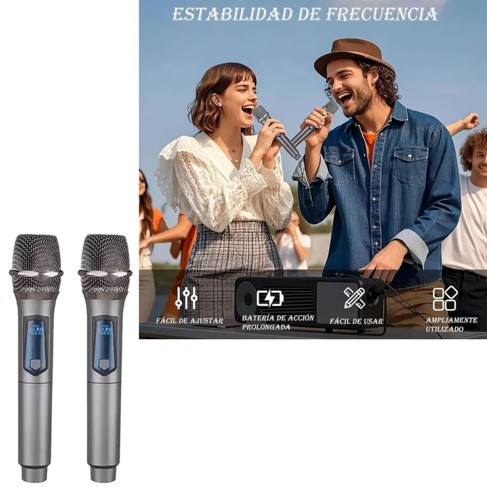 Micrófonos Inalámbricos Con Receptor Uhf Recargables Karaoke Gris