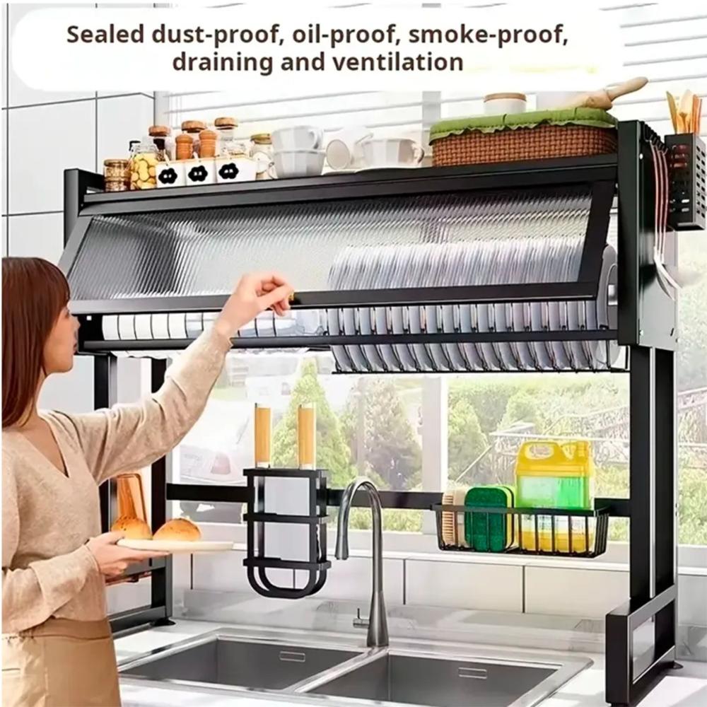 Escurridor de Platos con Tapa 85 cm Negro Dos Niveles