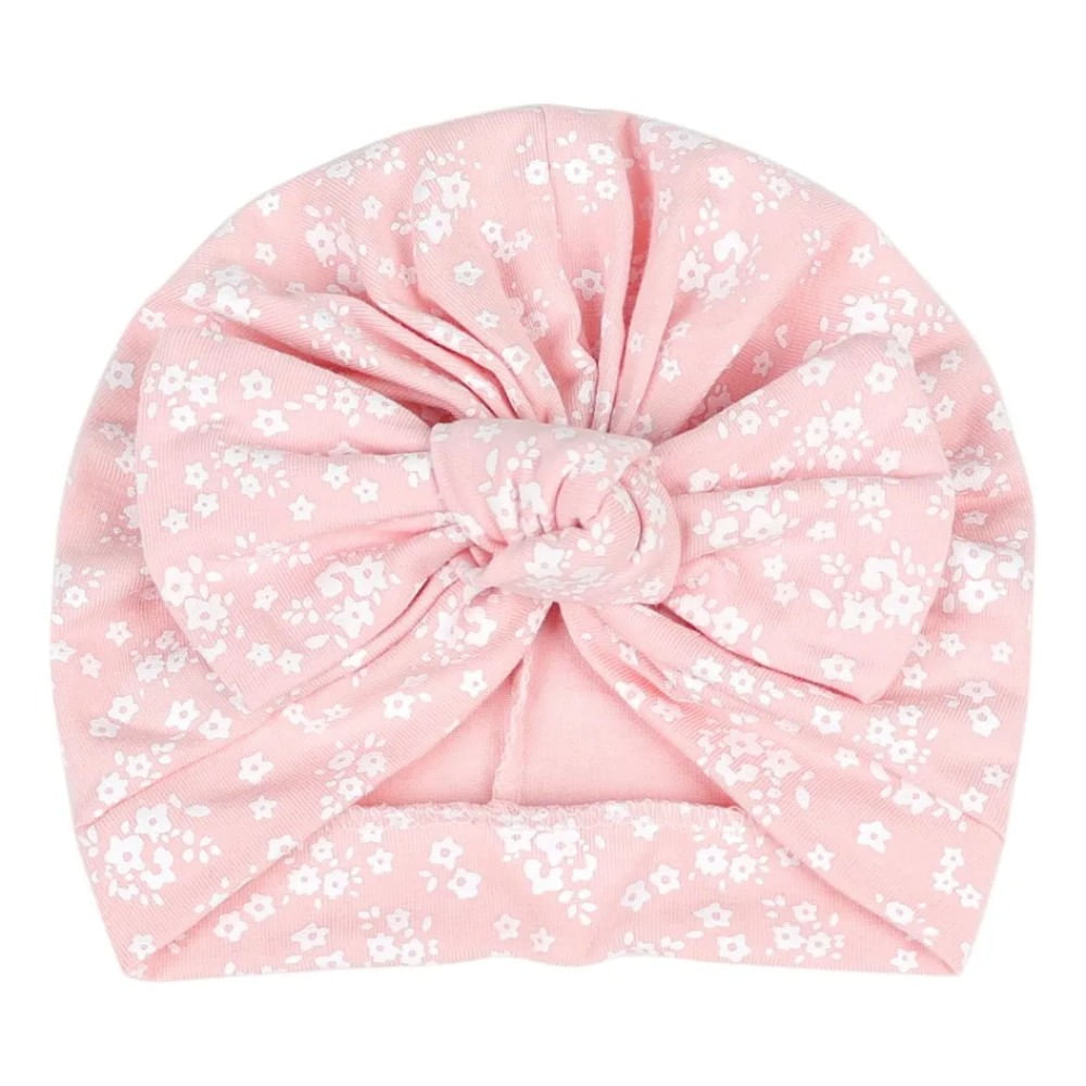 Turbante con Lazo para Bebe Rosado con Flores Blancas