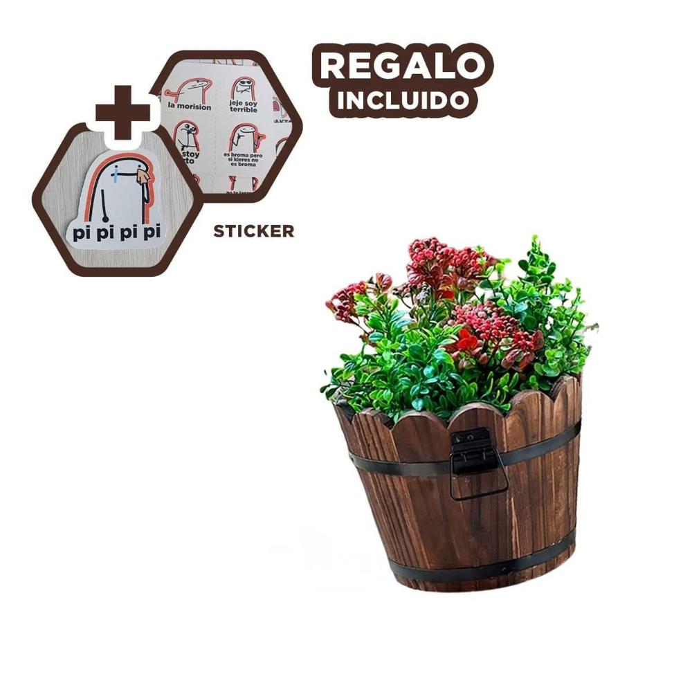Portamacetas de Madera para Decoracion Estilo Barril Marron Y+Regalo Sticker