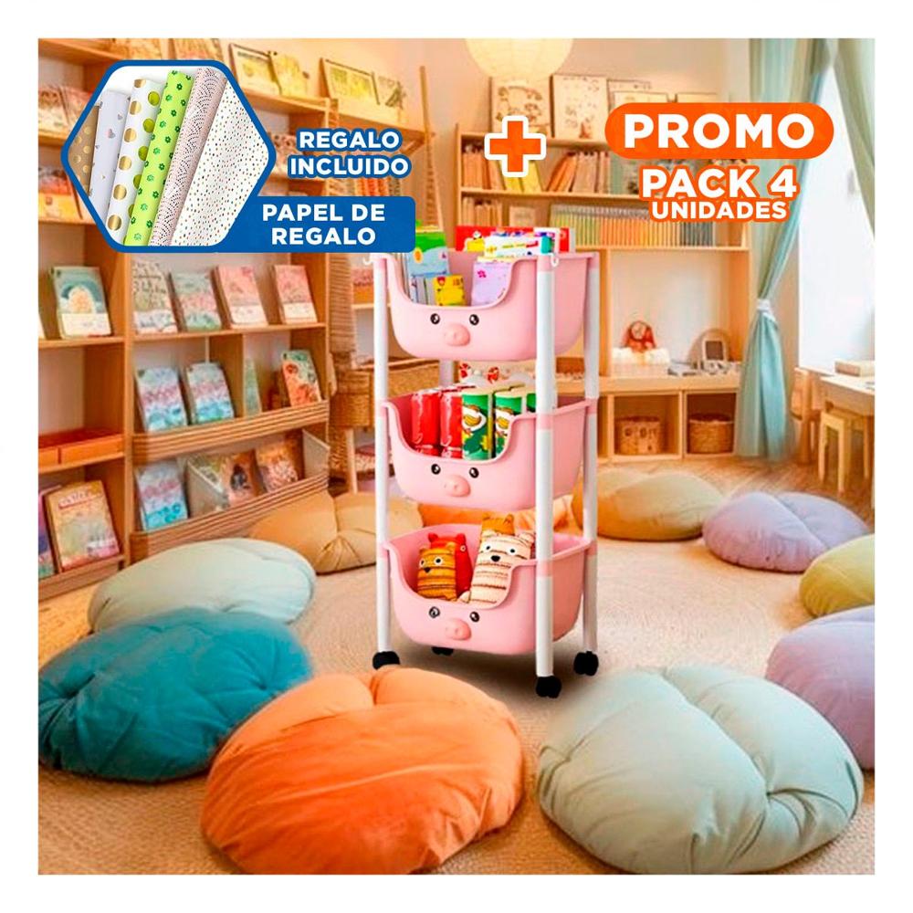 Pack4 Gabinete Kawaii 3 Niveles Estilo Tierno y Funcional Rosado Chancho Y+Papel Regalo