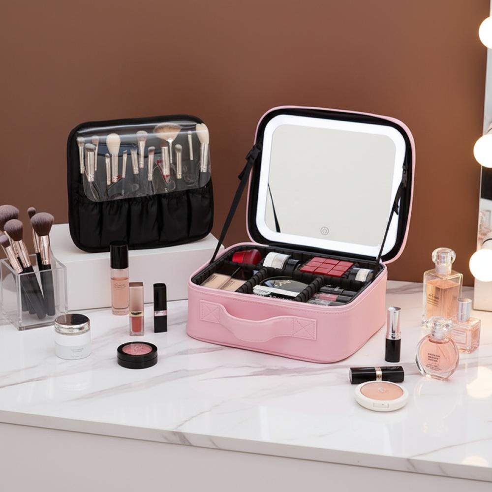 NECESER ESTUCHE DE MAQUILLAJE CON ESPEJO LED - ROSADO