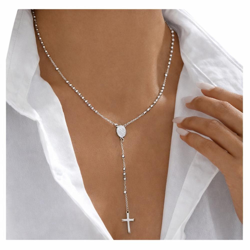 Collar Rosario Plateado Luz Divina Para Dama