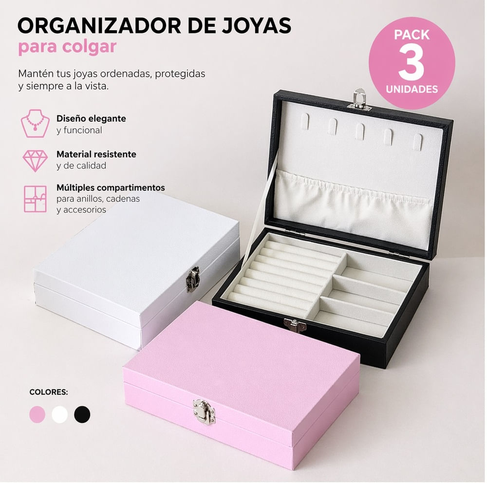 Set 3 Organizadores de Joyas con Compartimentos y Ganchos Diseño Premium
