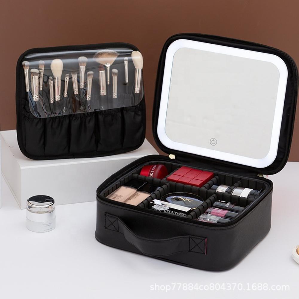 NECESER ESTUCHE DE MAQUILLAJE CON ESPEJO LED - NEGRO