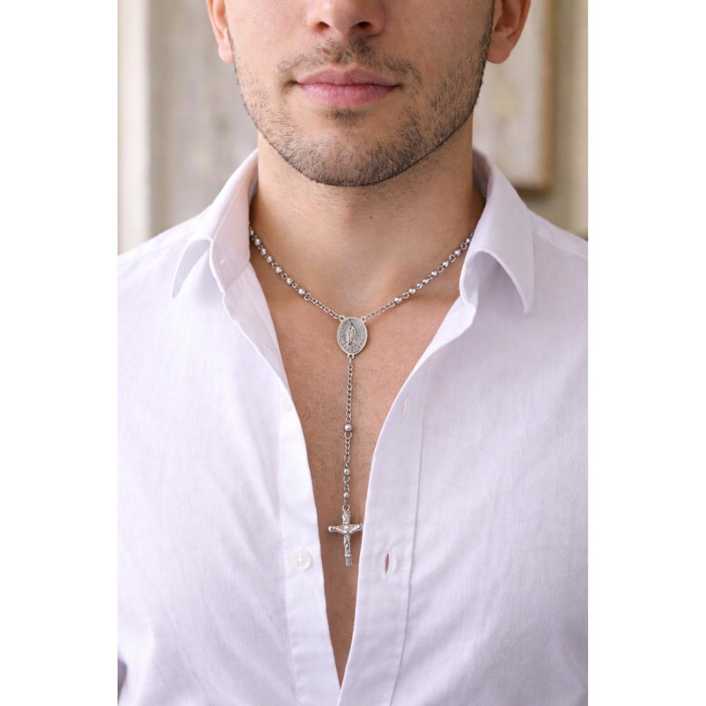 Collar Rosario Plateado Luz Divina Para Caballero