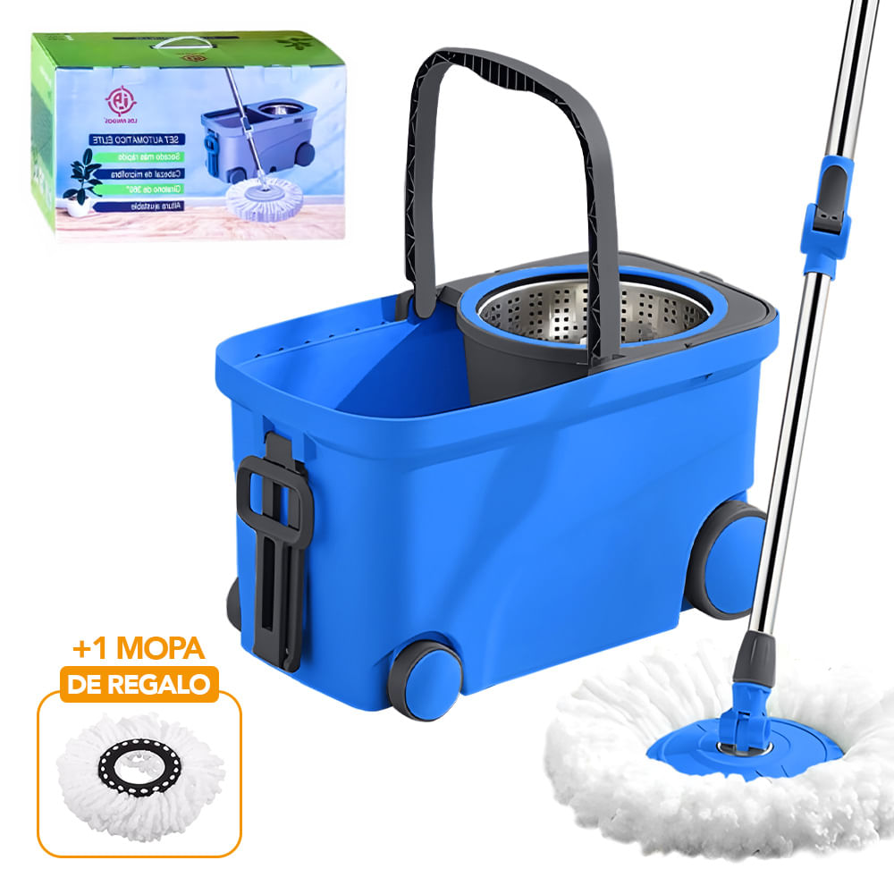 Trapeador Giratorio 2 Mopas con Ruedas Y Asa Celeste S4F
