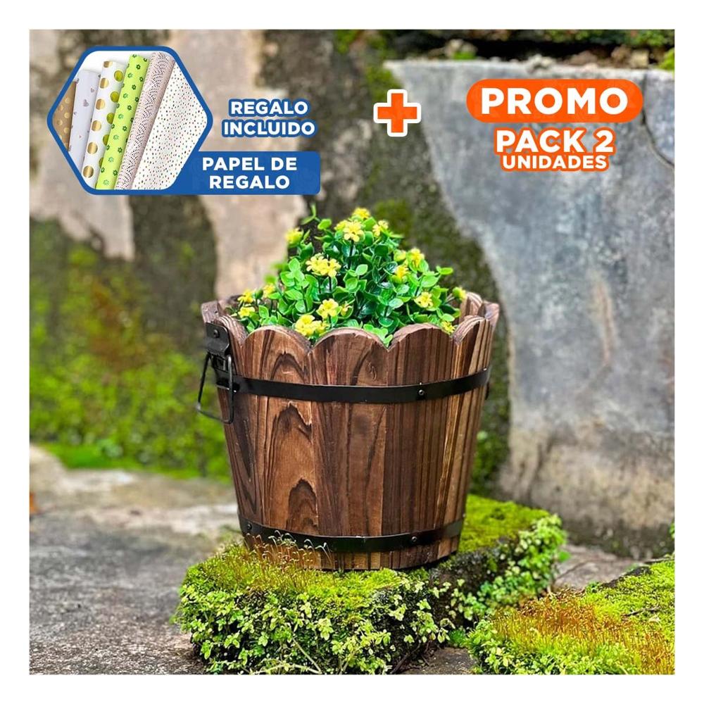 Pack2 Contenedor Estilo Rustico de Madera Tipo Barril Marron Y+Papel Regalo