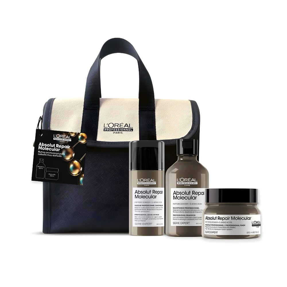 Loreal pack para cabello dañado absolut repair molecular shampoo acondicionador mascarilla y neceser