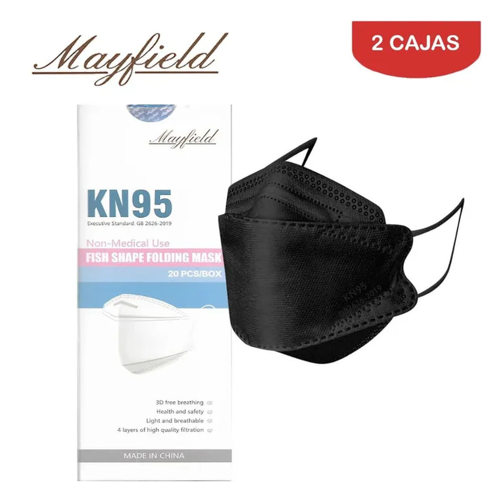 Mascarilla KN95 Fish Shape 3D negro caja*20und MAYFIELD. Pack 2 cajas