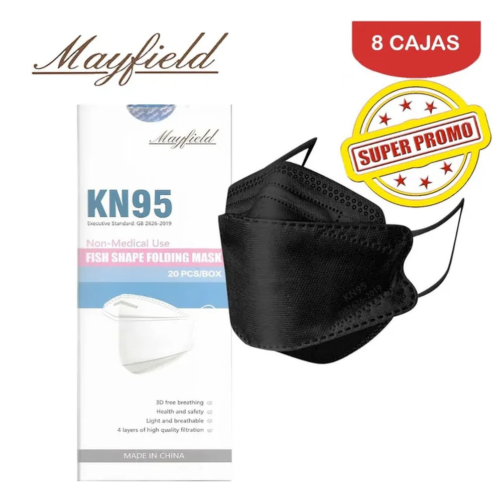 Mascarilla KN95 Fish Shape 3D negro caja*20und MAYFIELD. Pack 8 cajas